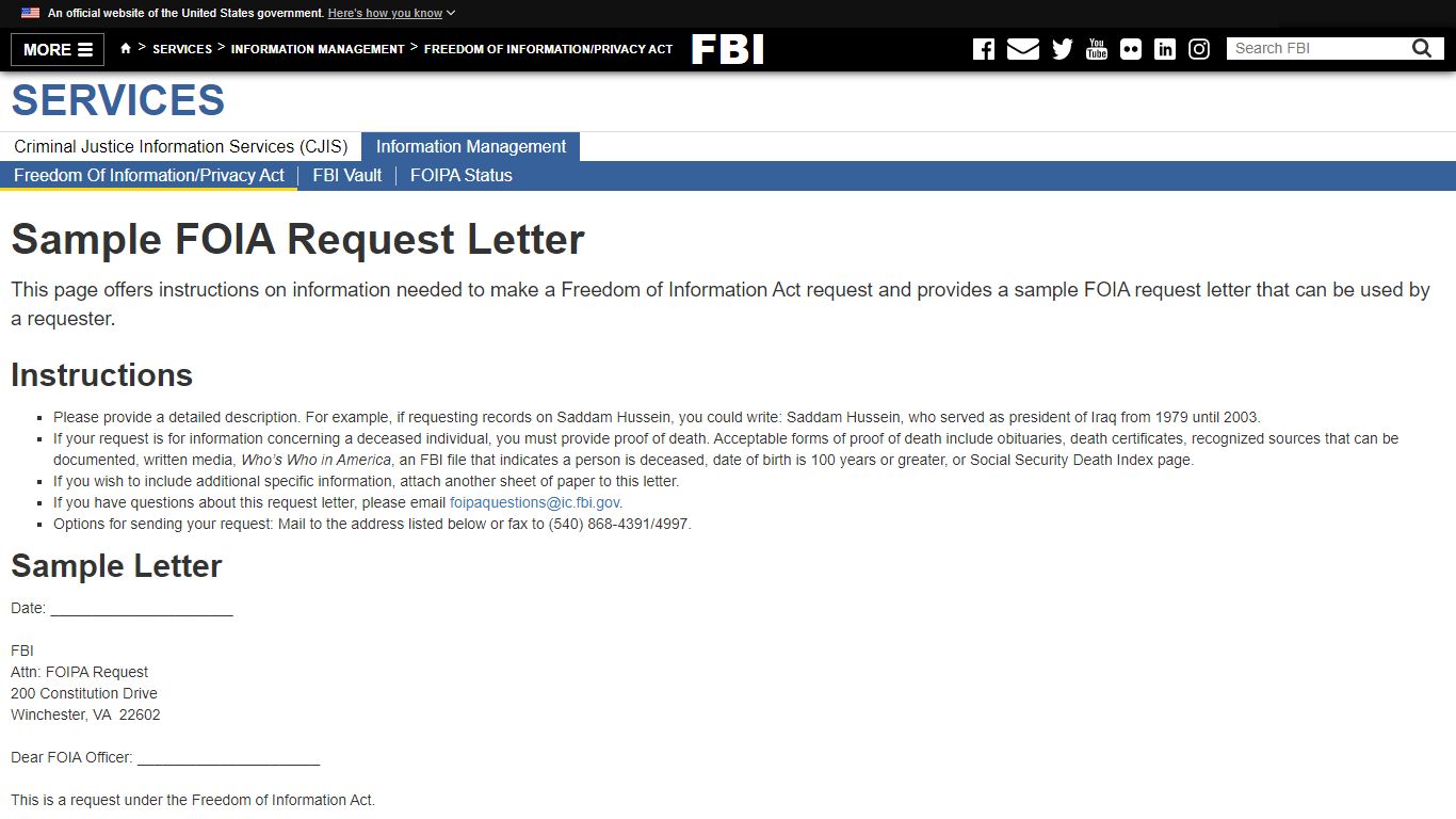 Sample FOIA Request Letter — FBI - Federal Bureau of Investigation